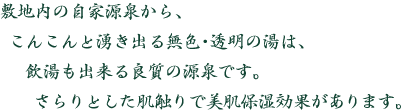 敷地内の自家源泉からこんこんと湧き出る湯は、飲湯も出来る良質の源泉です。